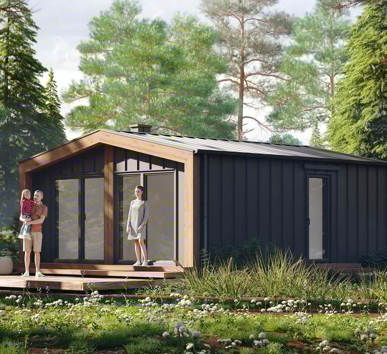 Energooszczędny dom modułowy parterowy o powierzchni poniżej 50 m² wykończony antracytową blachą