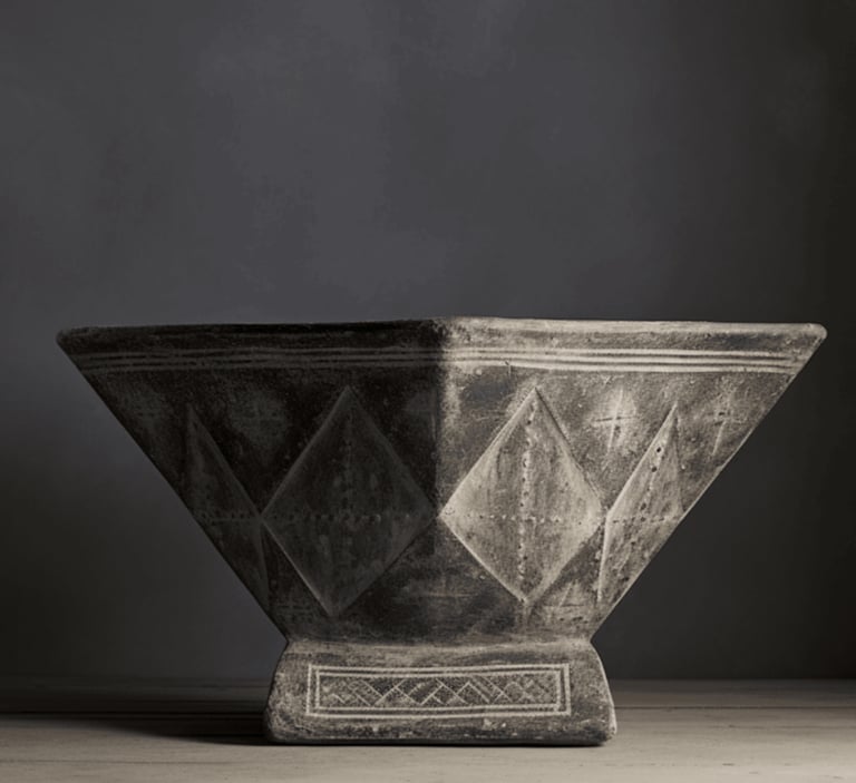 A square-based, flared vessel with geometric carvings and a weathered stone-like surface, exuding a