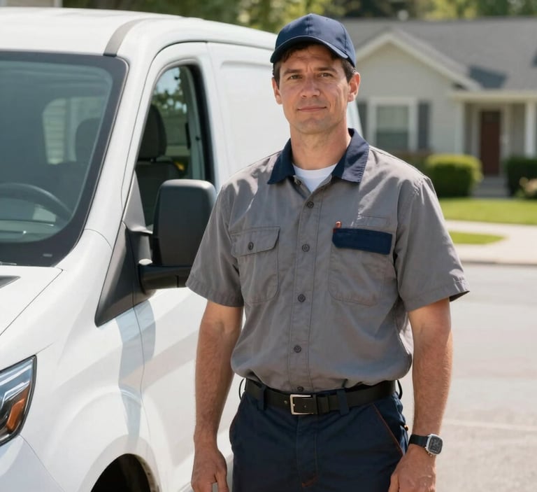 A local home service professional standing confidently next to a white van in a sunny, leafy North American / Canadian residential neighborhood, professional attire, trustworthy and community-oriented atmosphere.