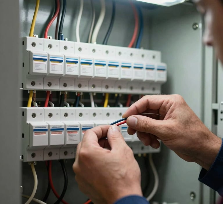 Close-up of an electrician's hands terminating wires inside an open residential breaker panel, interior fluorescent light overhead casting sharp shadows on the panel bus bars, conduit visible in background
