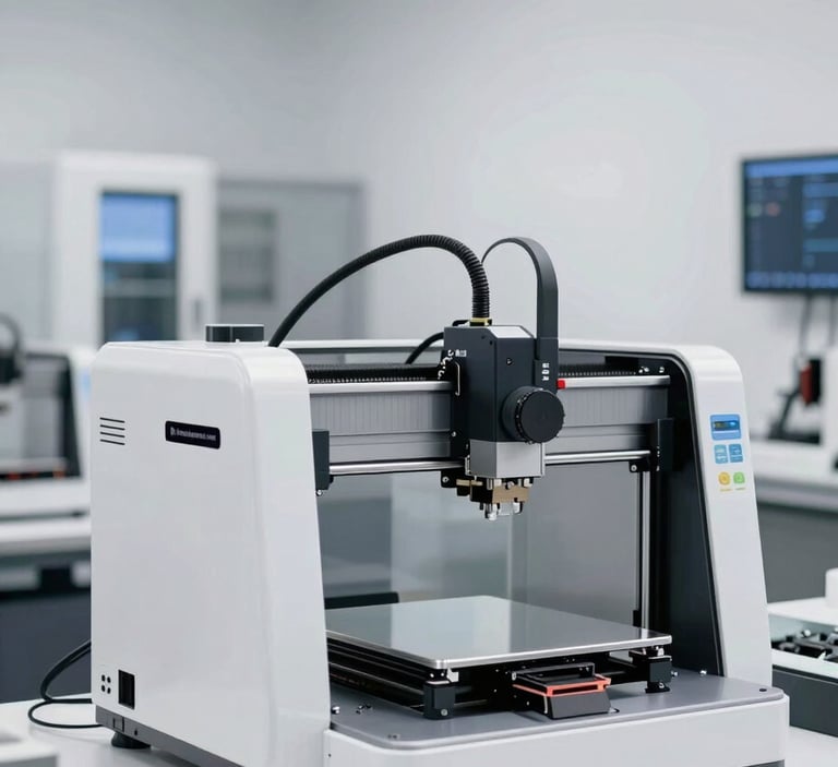 A high-quality, professional photograph of an organized European / French technology workshop. In the background, a modern 3D printer and a CNC machine are visible. The lighting is bright and clean with polar white tones, emphasizing a modern and reliable environment.