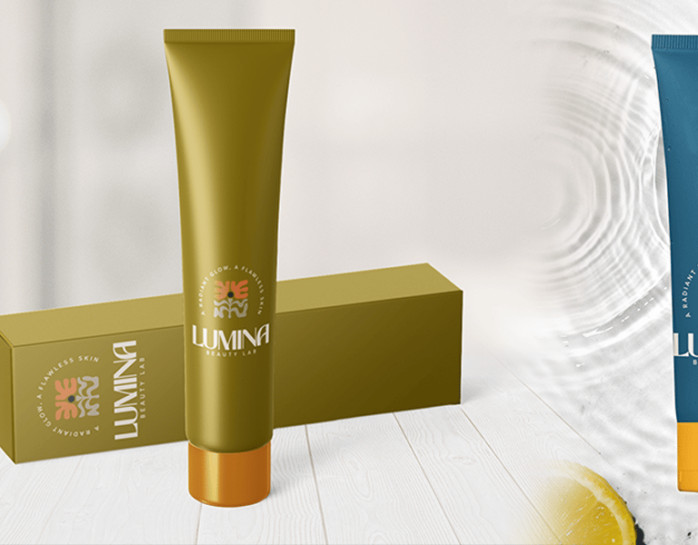 Lumina Beauty Lab skincare tubes and packaging with fresh lemon and water ripples.
