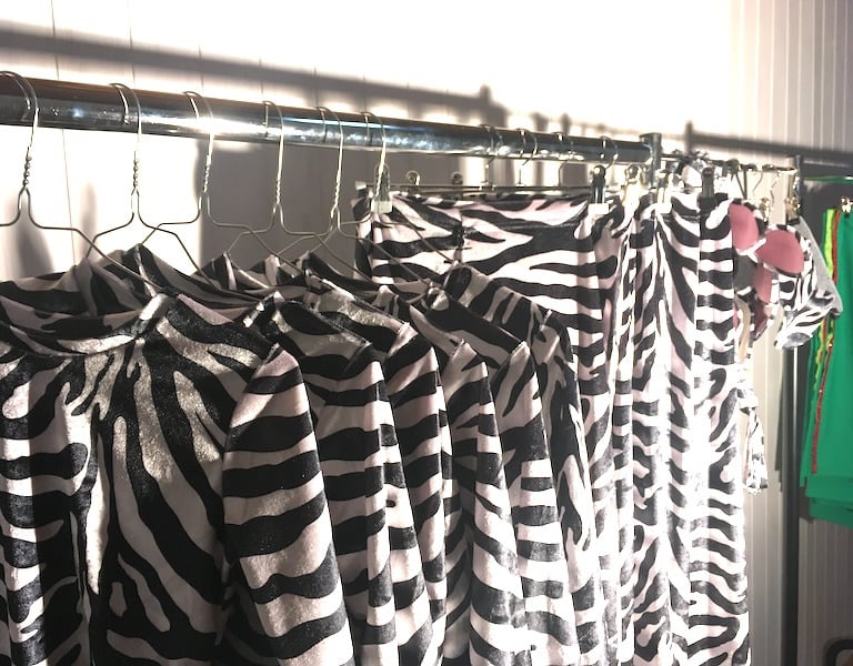 Zebra print  costumes hanging on a metal rack.