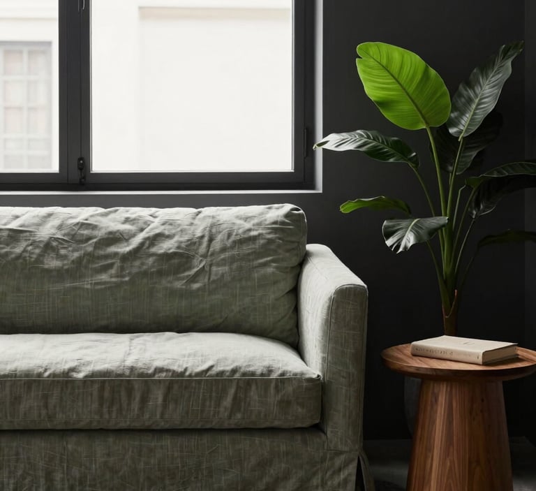 A minimalist therapeutic office setting with a soft linen sofa and a wooden side table. The lighting is warm and natural, coming from a large window. The room features a color palette of deep charcoal and soft sage with a single green plant.