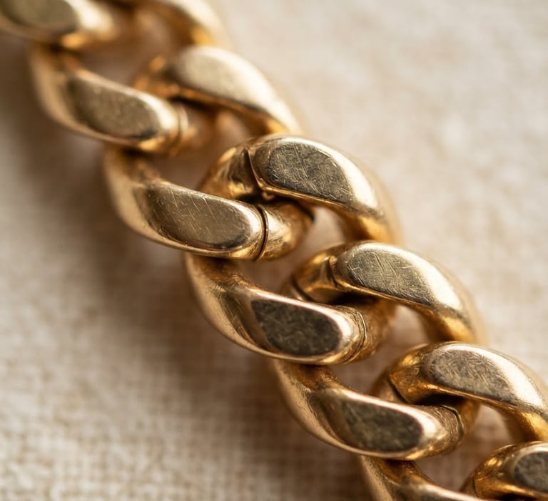 Macro close-up of heavy interlocking gold chain links, soft natural side-light, warm ivory background, 35mm
