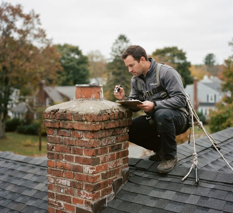 AshLine technician safely on a roof, inspecting a brick chimney against a clear New England sky, natural overcast daylight, 35mm.