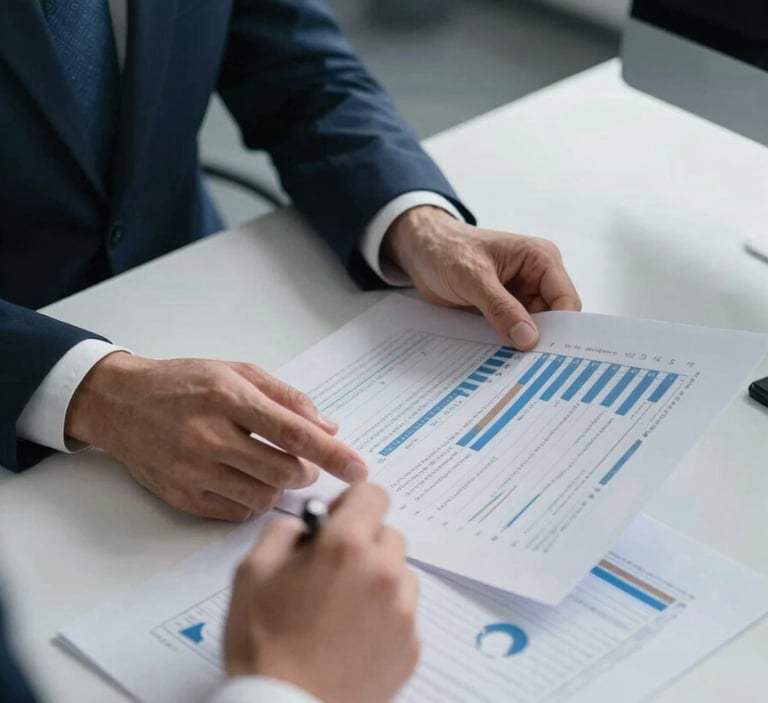 A Global / Corporate professional analyzing financial and compliance documents on a modern desk. Medium blue accents in the office environment, conveying trust, accuracy, and regulatory expertise.