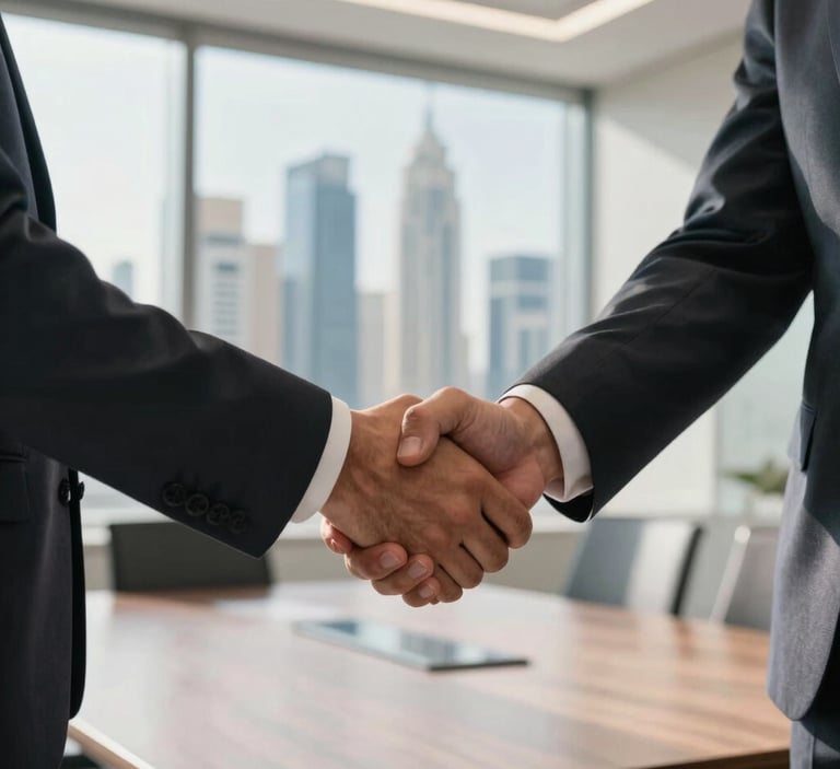 A close-up of two business professionals in tailored suits shaking hands in a sun-drenched, modern Middle Eastern / Gulf boardroom with a view of a clean, futuristic city skyline.