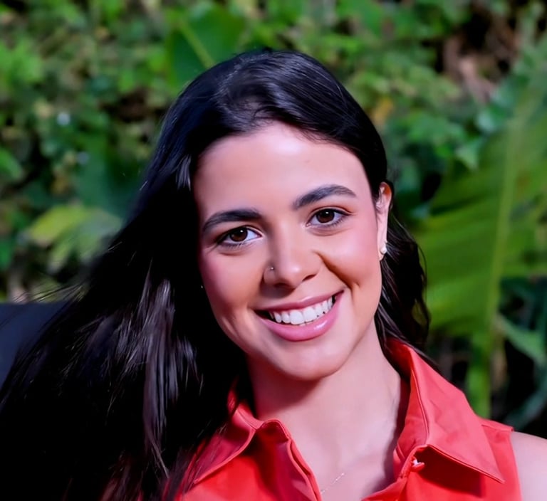 a woman with long hair and a red shirt