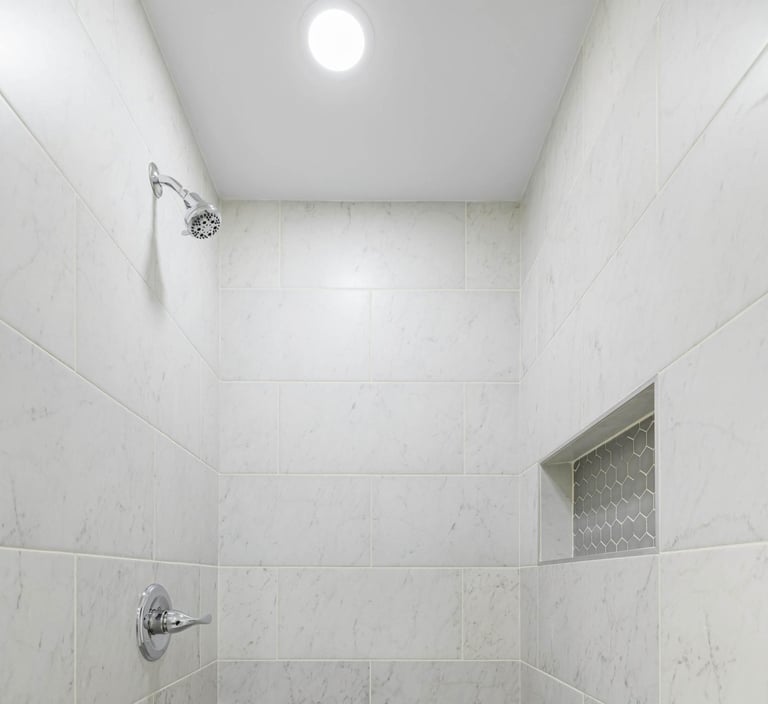 Image of tiled walk-in shower with recessed shelf and spotlight