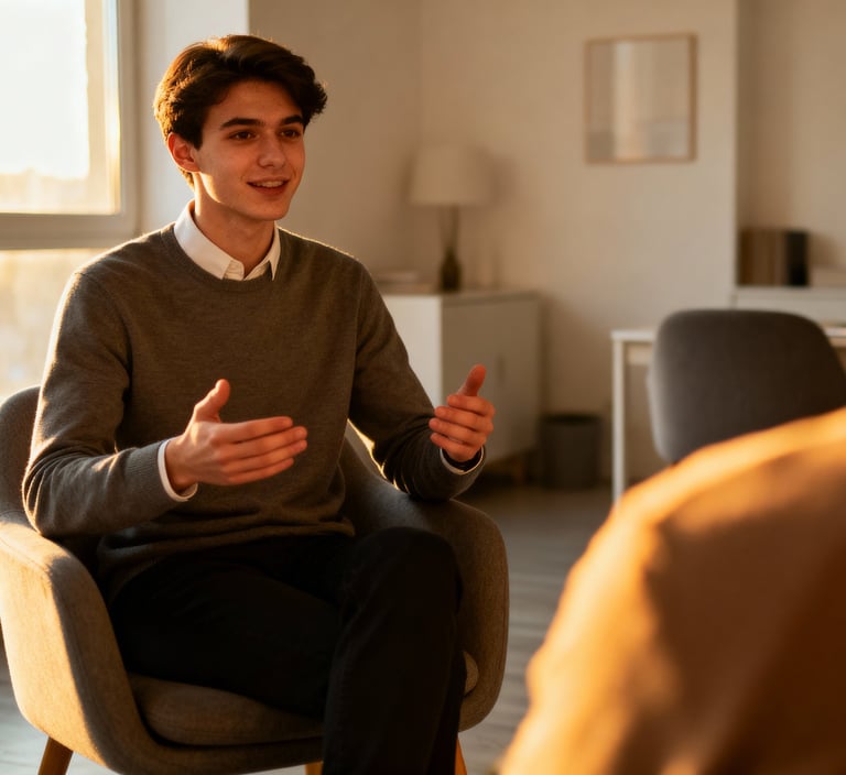 a man sitting in a chair talking to another man