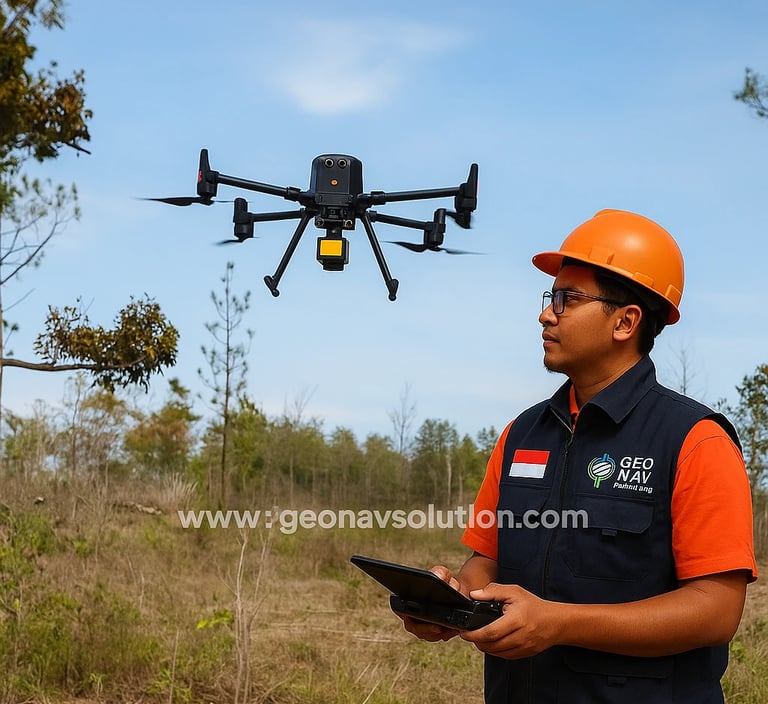Surveyor Indonesia dari GeoNav Solution mengenakan rompi kerja sedang mengoperasikan drone CHCNAV X5