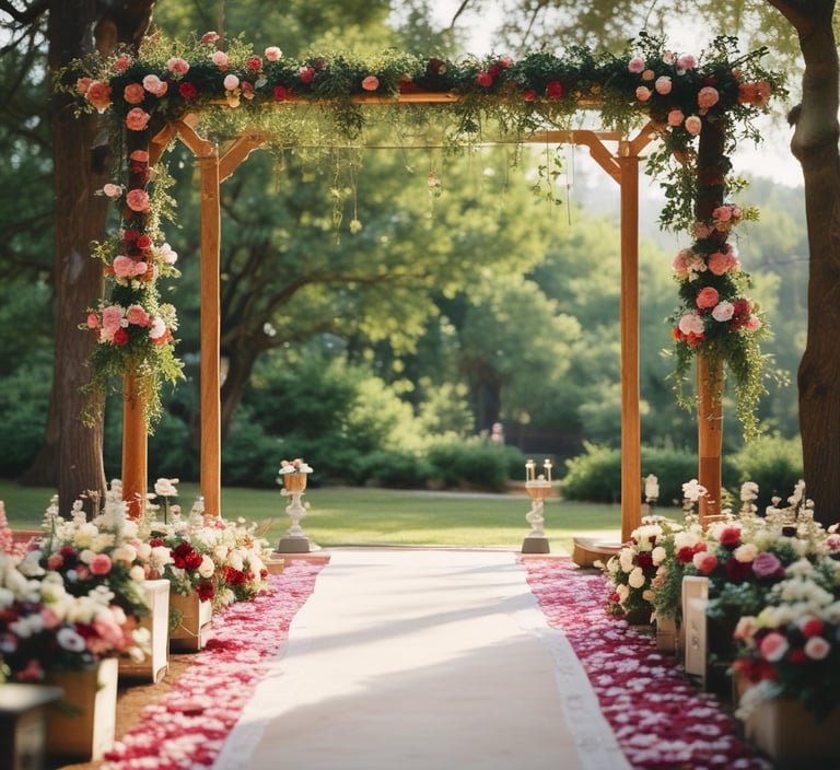 a wedding ceremony canopy with a wooden frame decorated with flowers