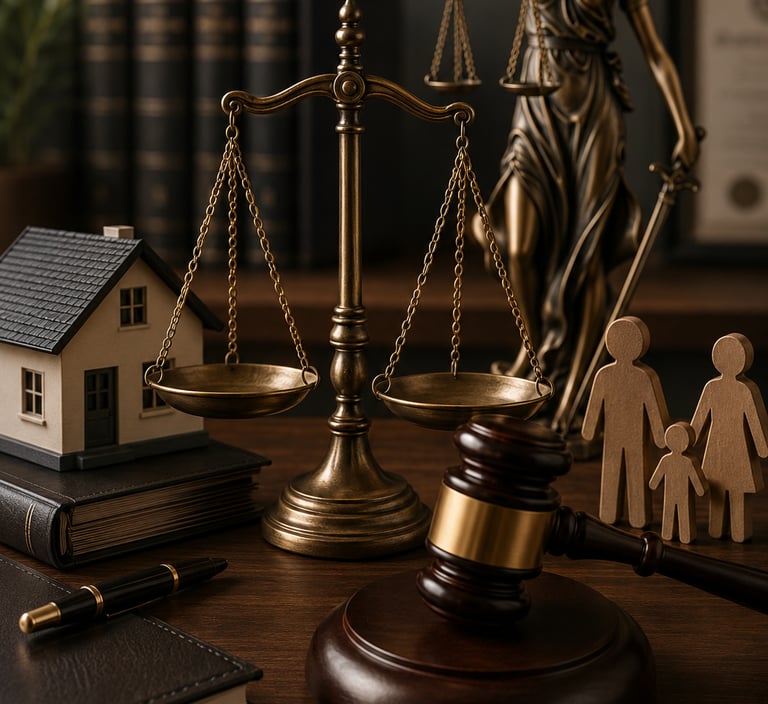Legal concept image featuring scales of justice, a judge's gavel, and family figurines representing family law.