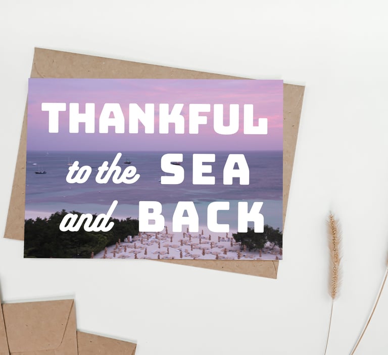 Downloadable Purple ocean card featuring the words "thankful to the sea and back"