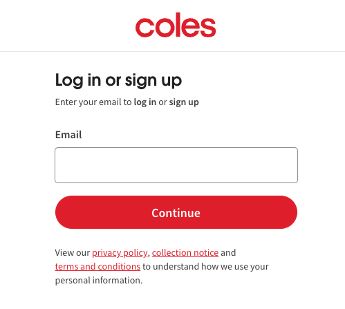 Coles login and sign-up page for creating an online shopping account