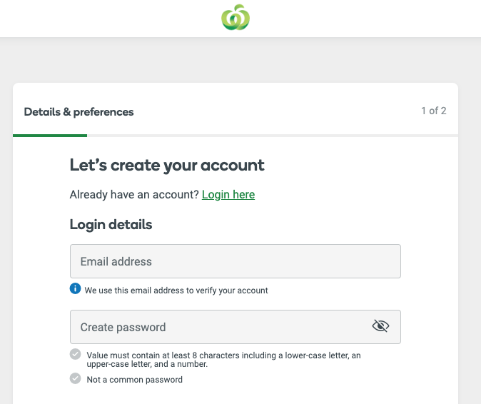 Woolworths account creation page for online grocery shopping setup.