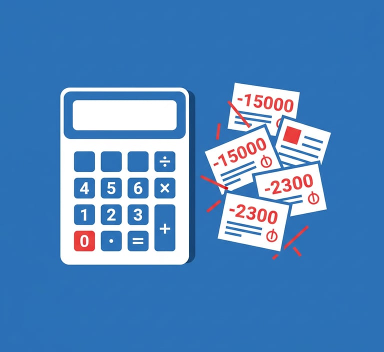 Calculator and financial documents showing red numbers and deficit calculations for a home health