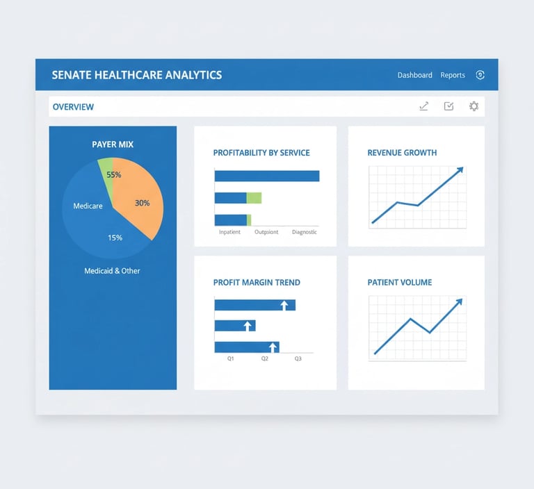 Financial dashboard displaying payer mix analysis and profitability metrics