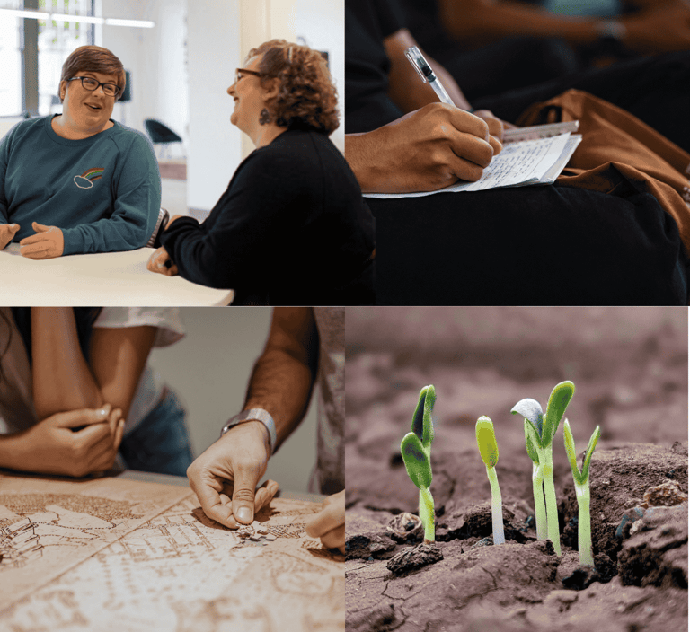 two people talking, person writing, building a puzzle, seedlings