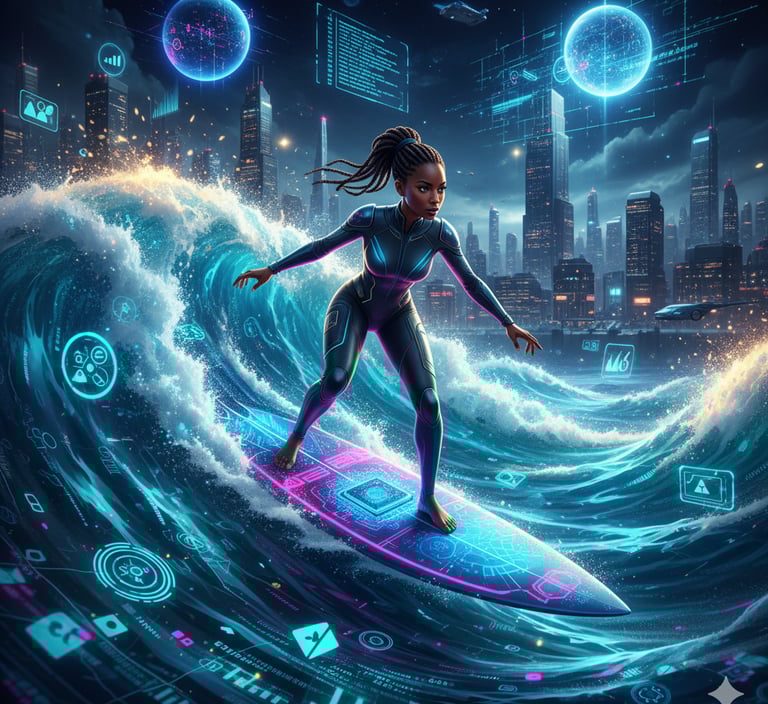 Entrepreneur surfing AI-data waves symbolizing sustainable business growth from the best AI course.