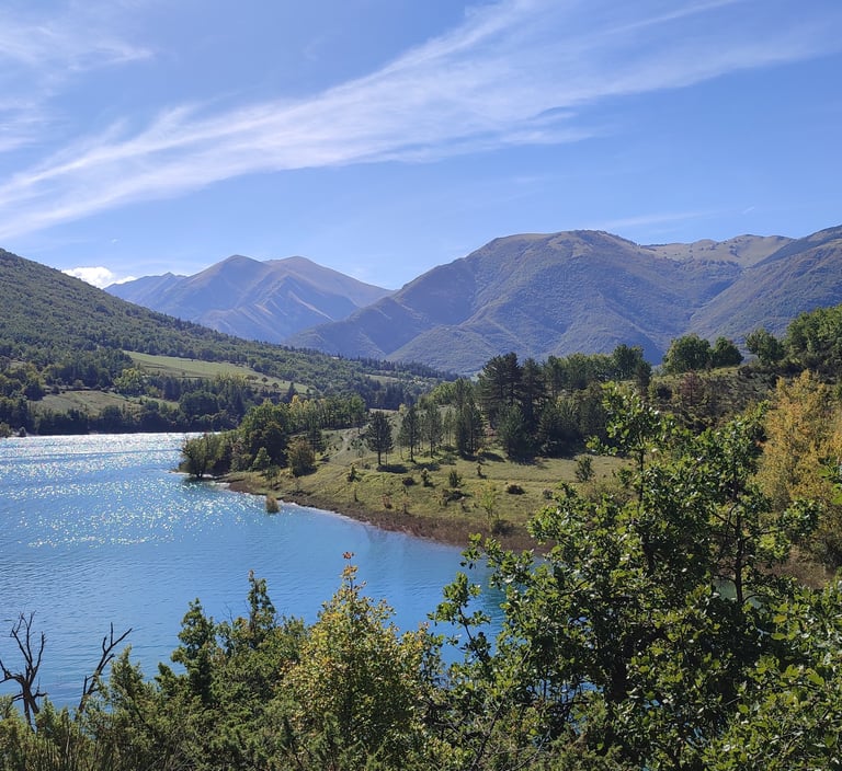 Ausschnitt eines Sees mit Bergen im Hintergrund und Baumkronen im Vordergrund