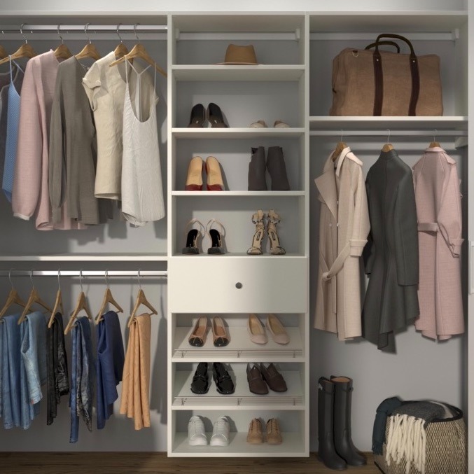 a closet with clothes and shoes