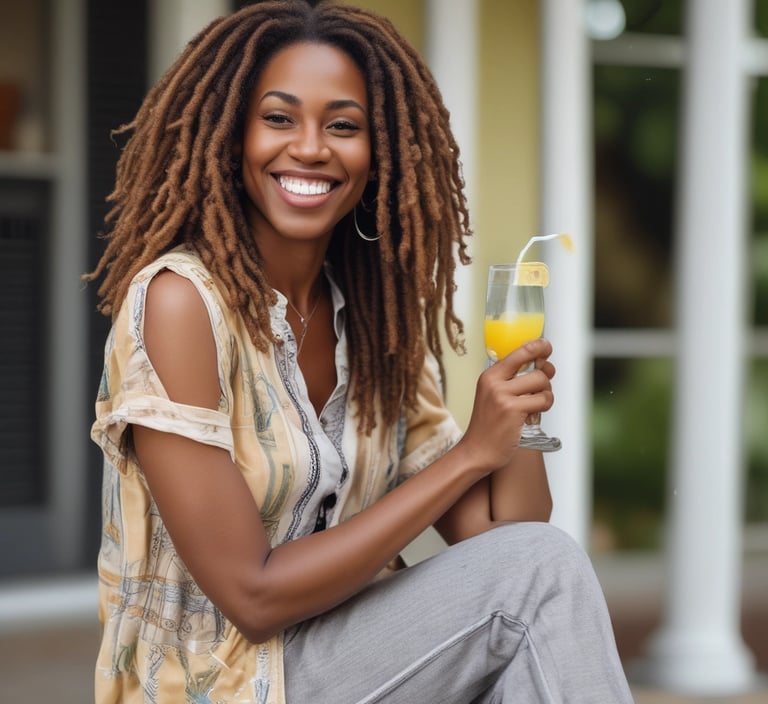 a woman with dreadlocks and a glass of orange juice