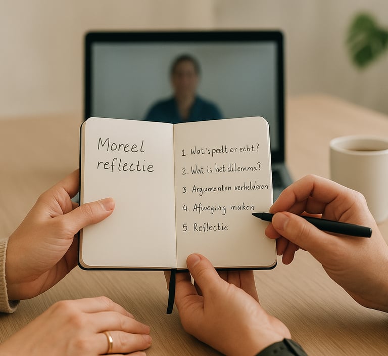Professionele begeleiding schoolleiders PO met notitieboekje morele reflectie en laptop