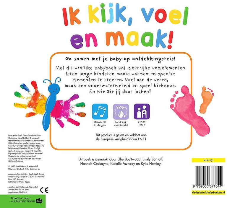 Achterzijde kaft boek ik kijk, voel en maak. Baby, voelen, kleurrijk en vrlijk