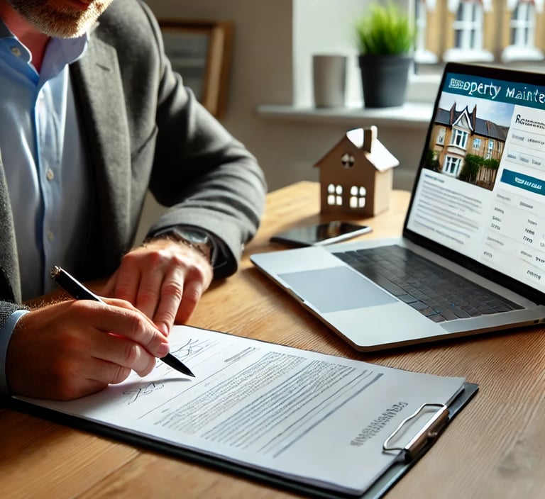 A London landlord reviewing a property maintenance contract, sitting at a desk with a laptop showing