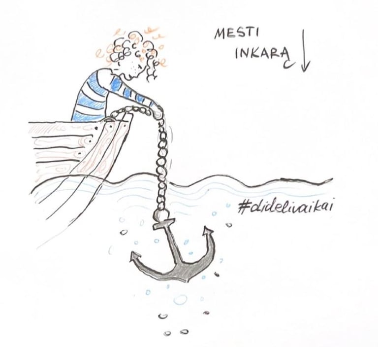 iliustracija kaip mergaitė meta inkarą