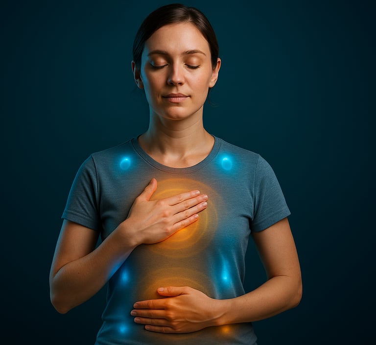 Mulher de olhos fechados, mão no peito e no abdome, atenção encarnada na respiração.