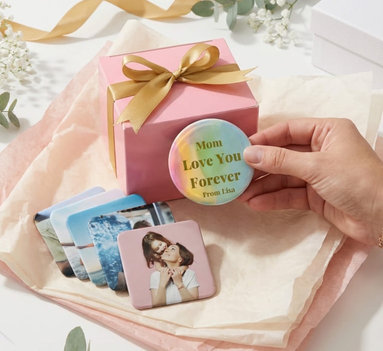 Personalized Mother's Day gift box with custom photo magnets and a colorful message badge.