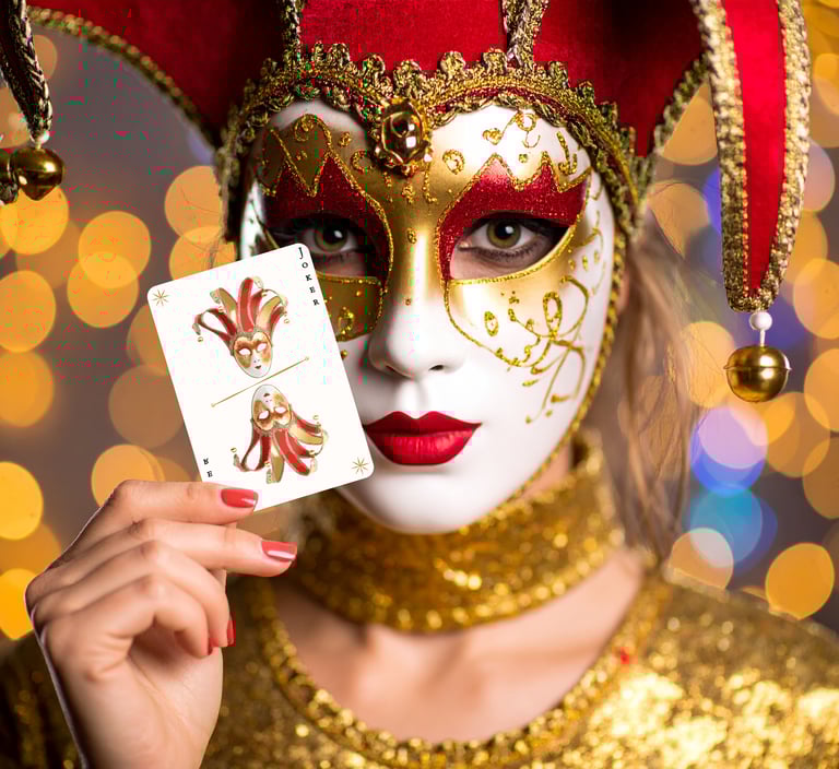 Femme avec masque Joker tenant une carte