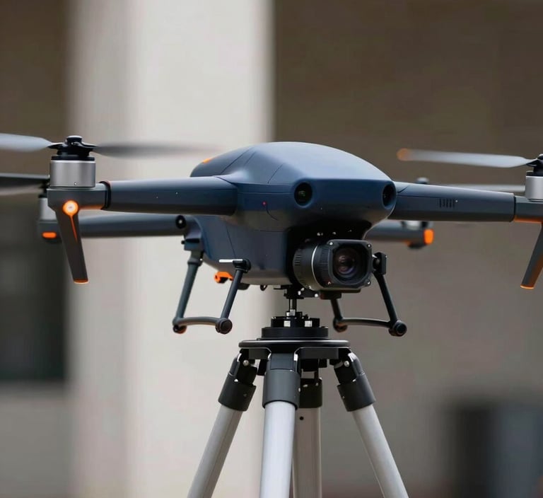 A sleek, industrial drone being prepared for a photogrammetry mission. The drone is matte dark navy with vibrant orange accents, standing on a light grey tripod against an architectural background.