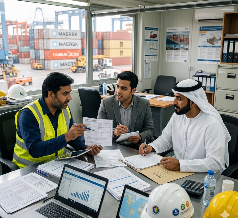 Logistics managers and a port official in traditional dress discuss shipping documents at a terminal office.