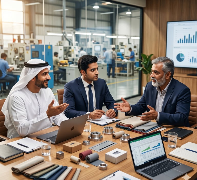 Diverse group of business professionals in a meeting at a modern manufacturing facility with laptops and textile samples.
