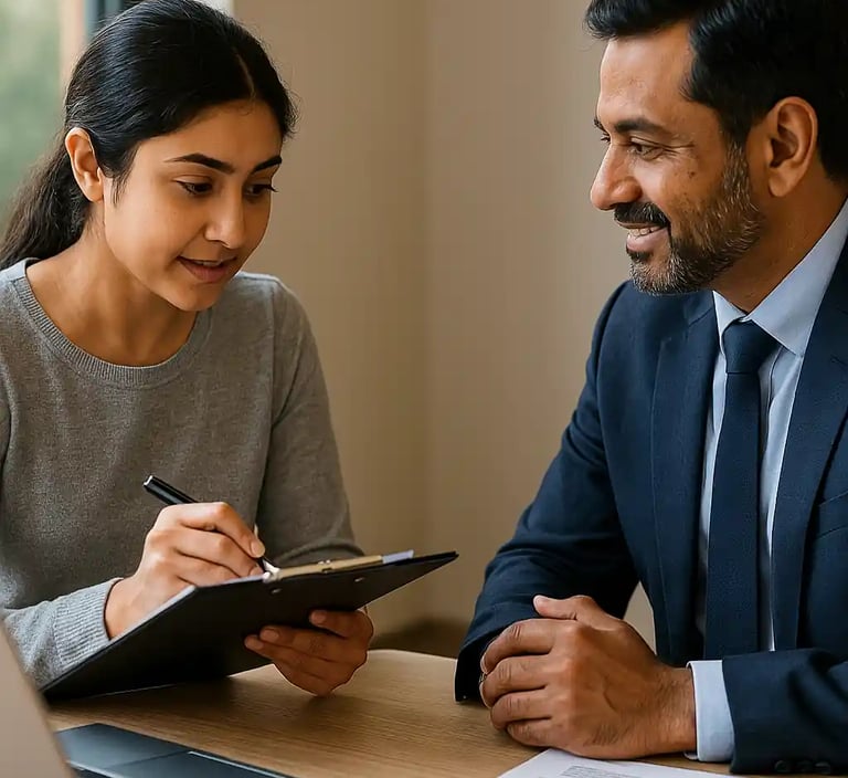Loan consultant discussing bank loan options with a client during a one-on-one meeting in a Chennai