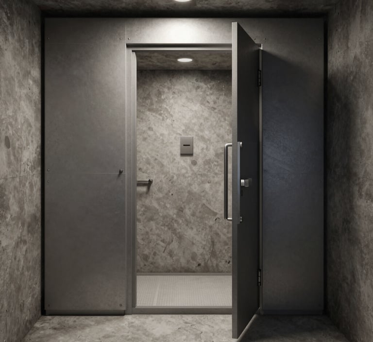 A sleek underground safe room entrance with reinforced steel door, set against a dark charcoal wall with subtle gold accents.