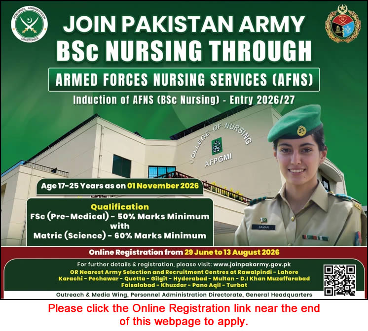 Pakistan Army AFNS BSc Nursing 2026 female registration advertisement