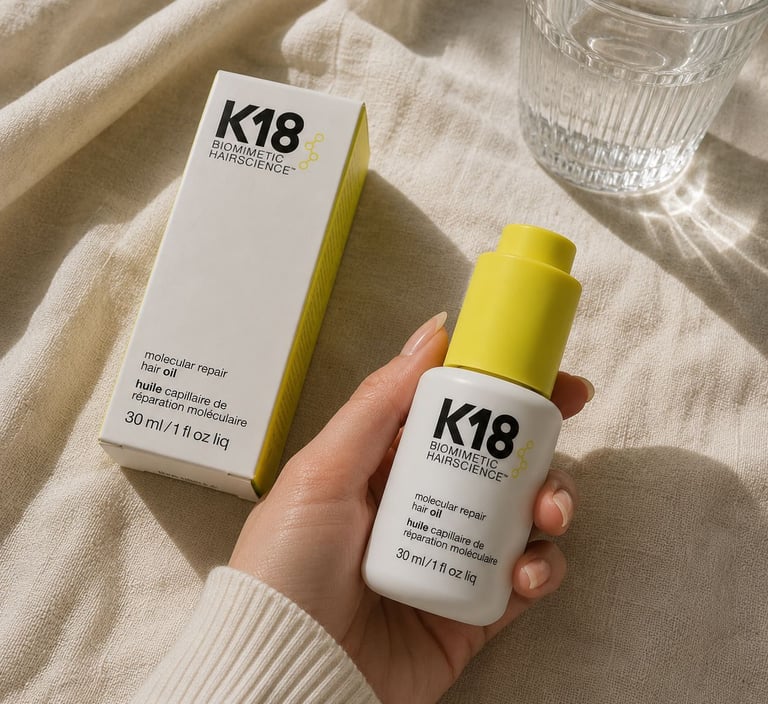 Hand holding K18 hair oil for smooth and shiny hair care routine.