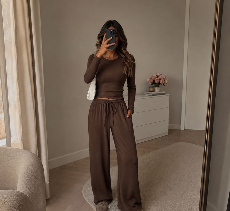 Woman wearing a chocolate brown lounge set with wide leg pants and fitted long sleeve top.