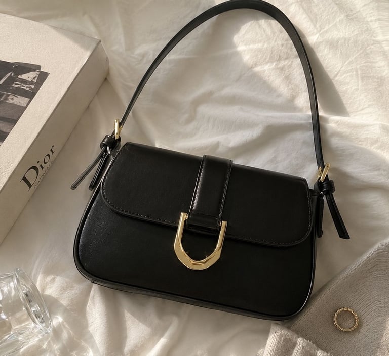 Black shoulder bag with gold buckle detail on a beige luxury background.