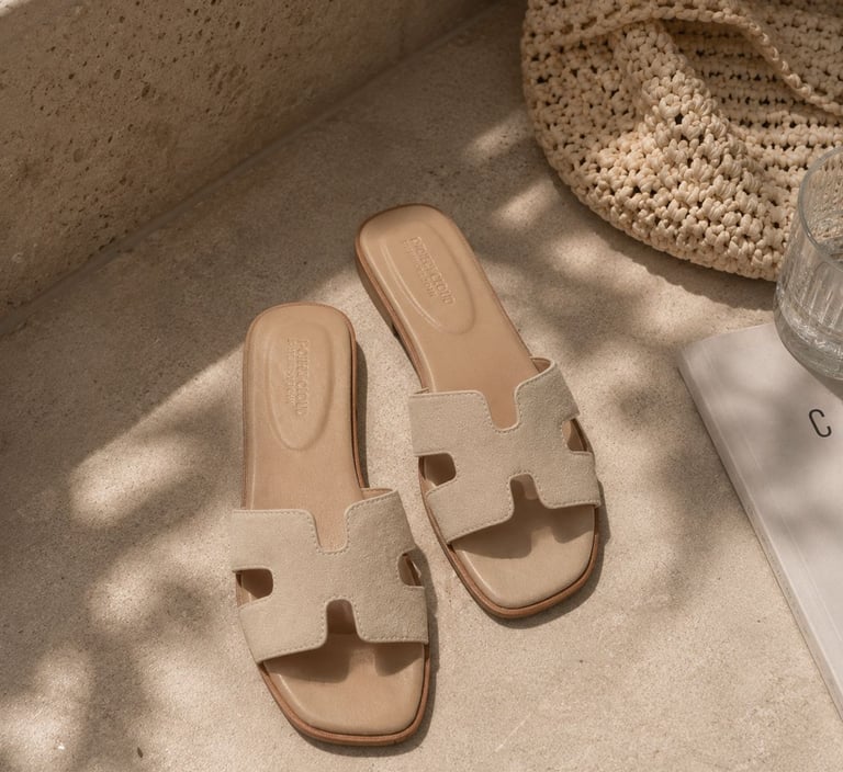 Beige neutral slide sandals with suede finish.