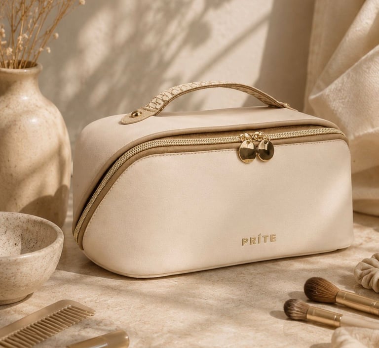 Beige makeup bag organizer with gold zipper details on a neutral vanity setup
