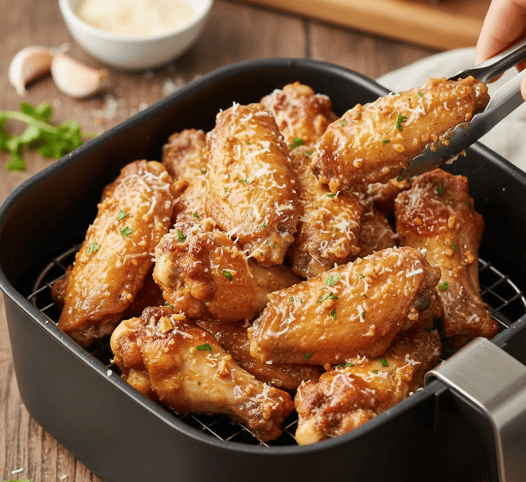 Crispy garlic parmesan chicken wings cooked in an air fryer and served for game day