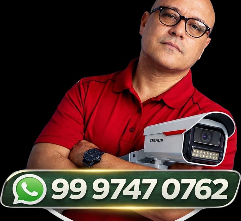 Security expert holding a Dahua CCTV surveillance camera with a WhatsApp contact number for service.