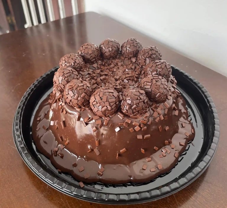 Deliciosa sobremesa chocolateira com cobertura de ganache, granulados e bombons, perfeita para festa