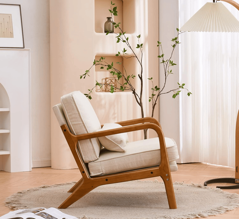 Karl Home Accent Chair placed in modern living room with wooden decor